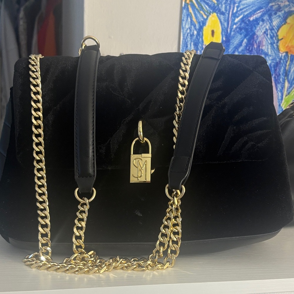 Steve Madden Black Velvet Shoulder Bag with Gold Chain